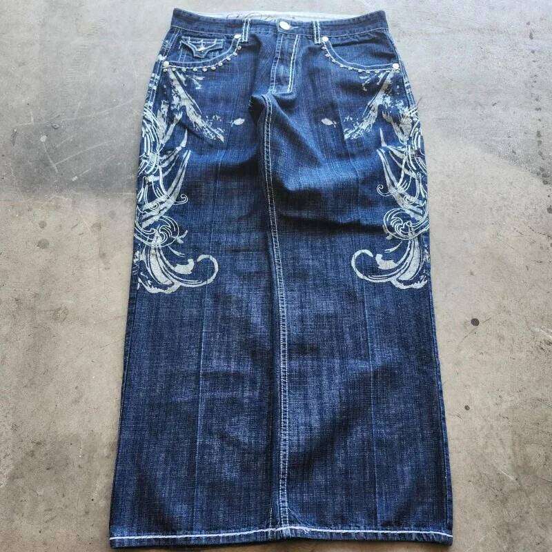 Y2K American New Fashion Pattern Geometric Embroidery Baggy Jeans Men Street Vintage Couple High Waist Wide Leg Trousers