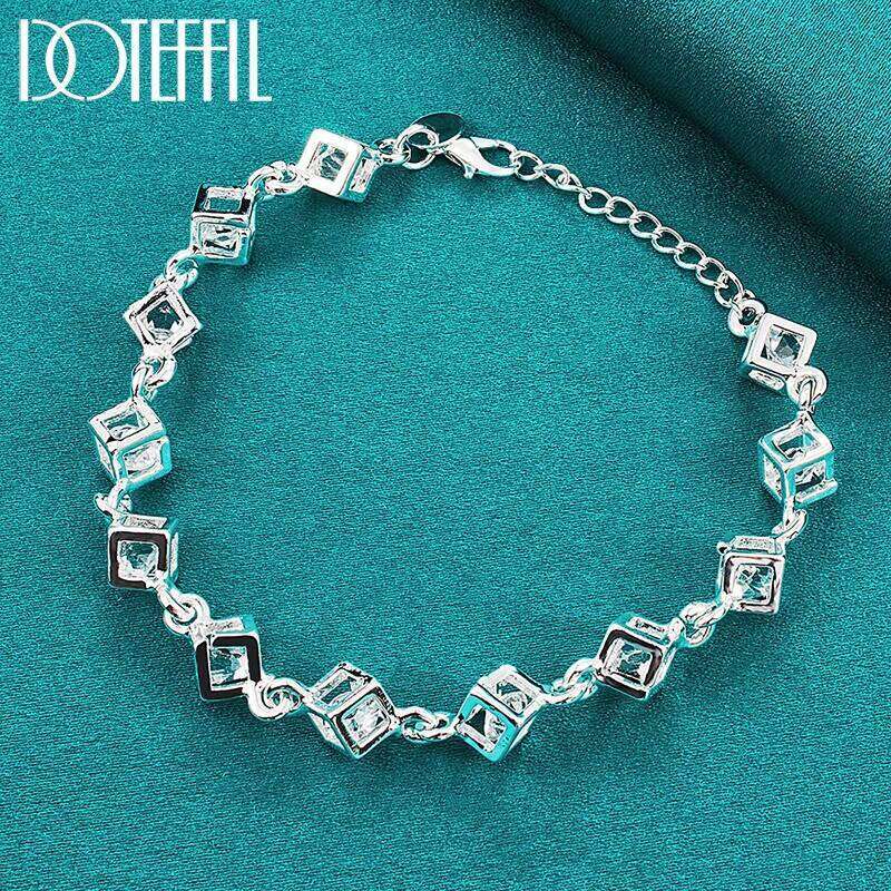 DOTEFFIL 925 Sterling Silver Square AAA Zircon Chain Bracelet For Women Wedding Engagement Party Fashion Jewelry 25H1229