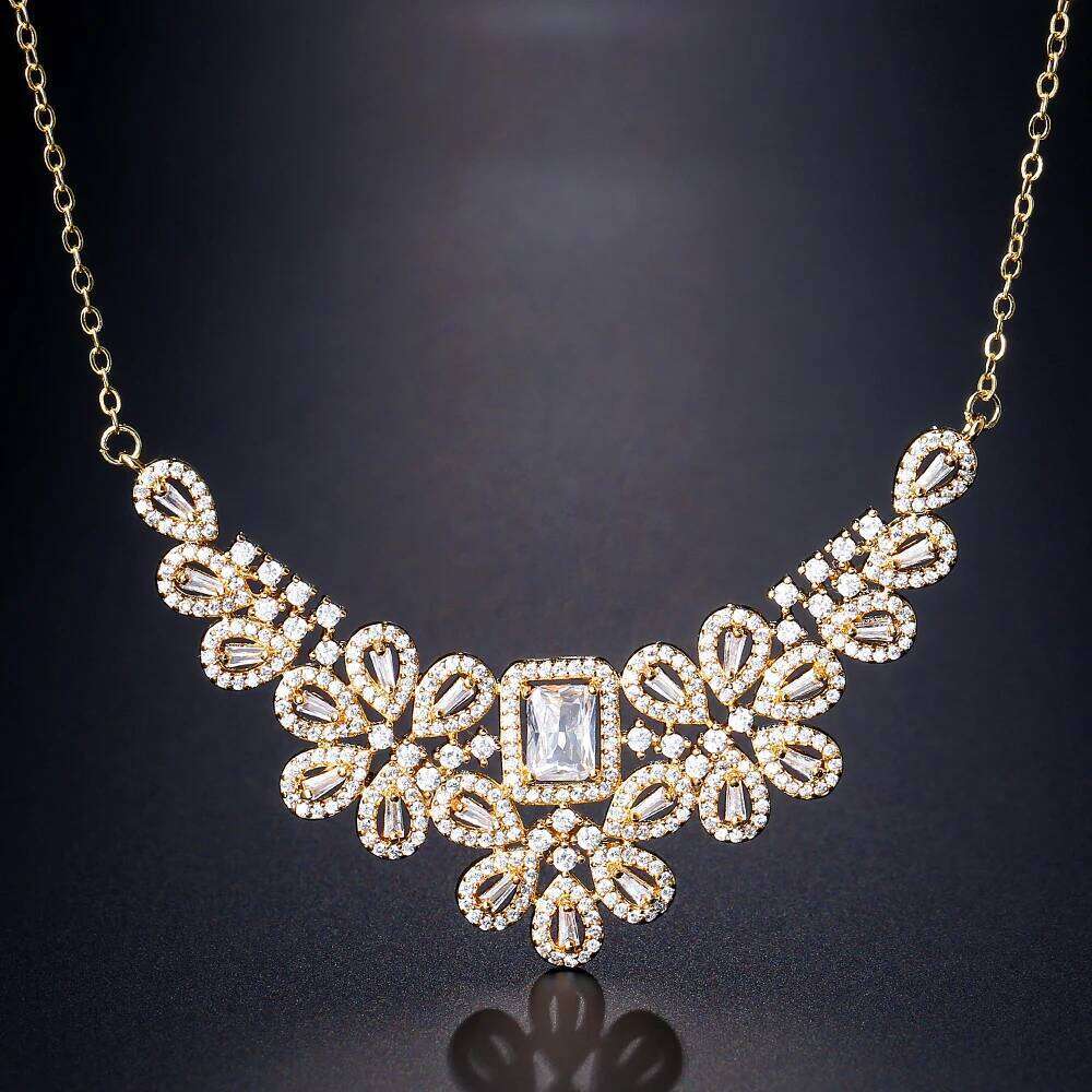 ZAKOL Classic Geometric Water Drop Full Big Zircon Earrings Necklace Set for Women Luxury Sparkling Bridal Wedding Jewelry