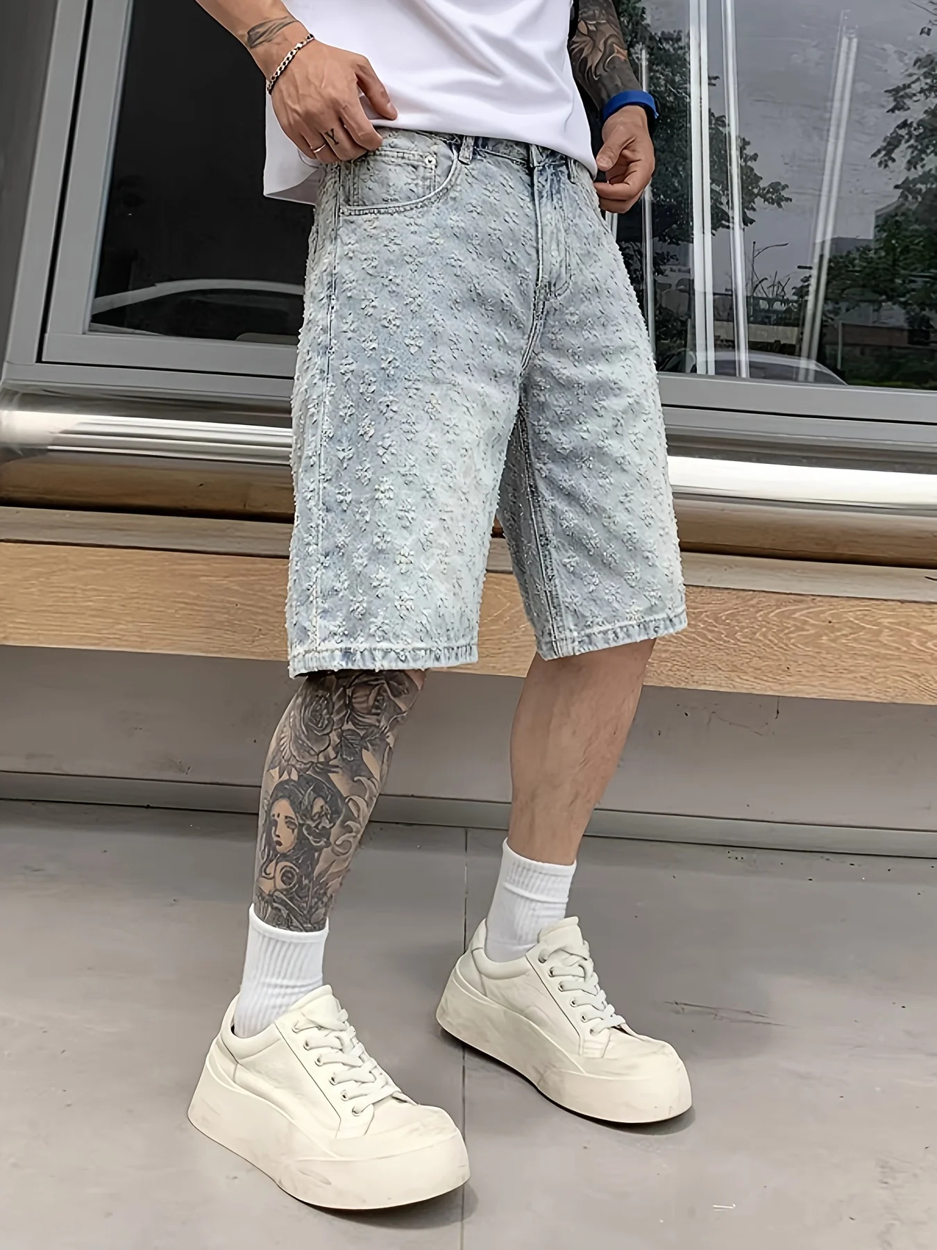 High Street Trendy Ripped Denim Shorts for Men Plus Size American Style Loose Straight-Leg Washed Denim Shorts for Summer 251223