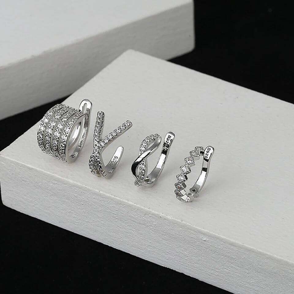ZAKOL 4Pcs/1Pcs Creative Silver Color Zirconia Clip on Earrings for Women Geometric Ear Cuff Without Piercing Girl Jewelry