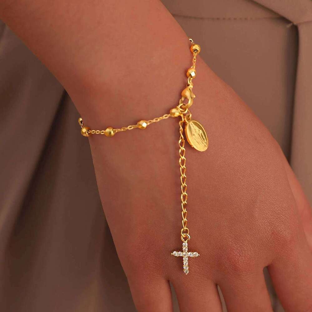 Charm Cubic Zirconia Cross Rosary Bracelet for Women, Stainless Steel Mary Adjustable Link, Religious Jewelry Gift 25H1229
