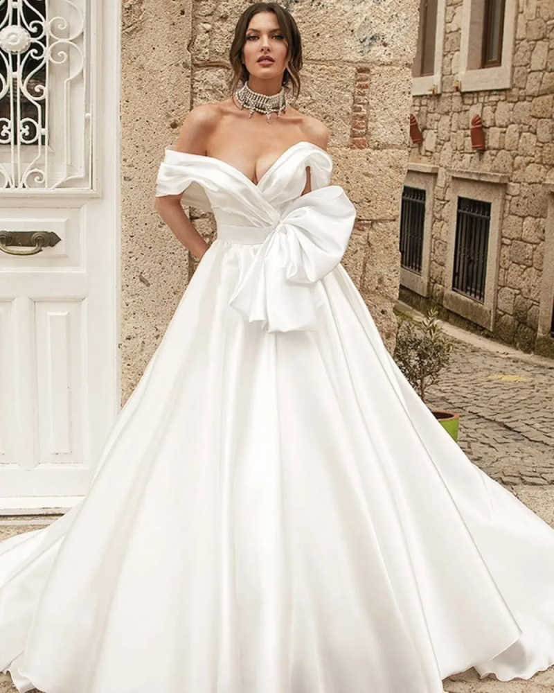 Elegant Ivory Satin Wedding Dress V Neck Off the Shoulder Bow Bridal Gowns A line Floor Length Robe De Customized