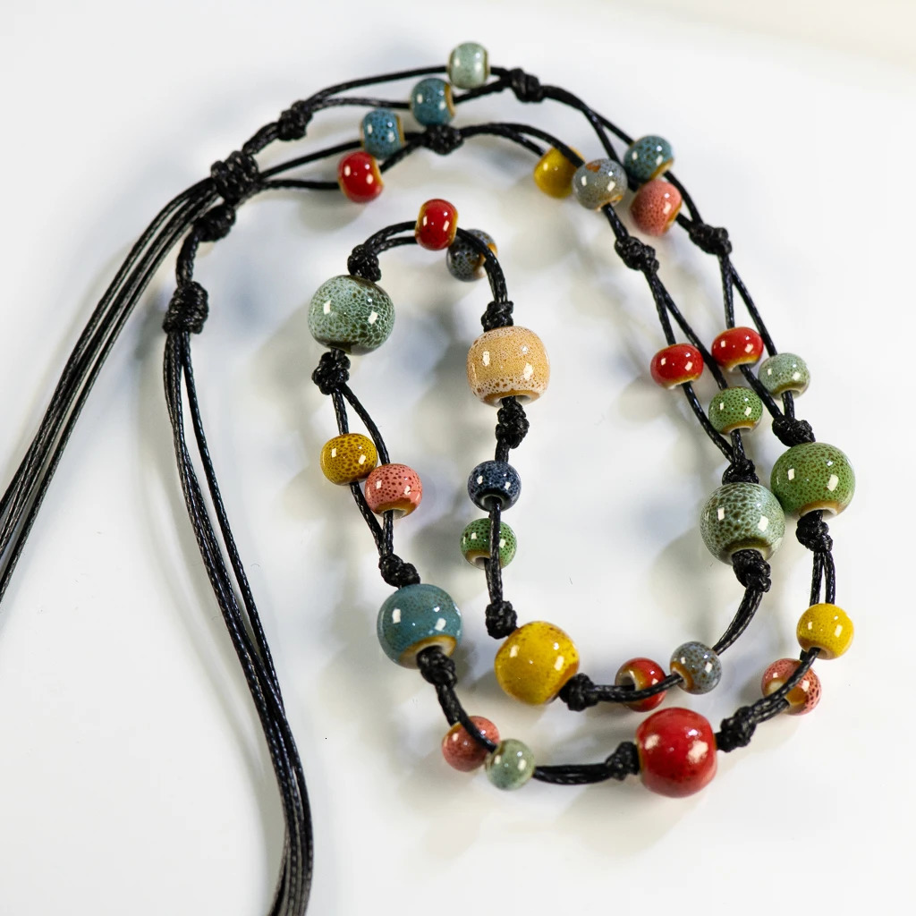 Handcrafted Bohemian Ceramic Necklace with Adjustable Wax Cord Boho Jewelry for Women Gift DIY Hand-made 251224