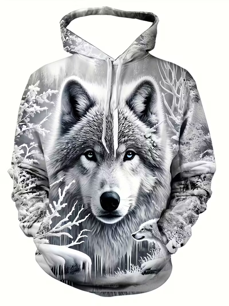 Fall/Winter Men's Hooded Sweatshirt 3D Snow Wolf Print Black & White Trendy Oversized Pullover Unique Animal Pattern Casual Hoodie