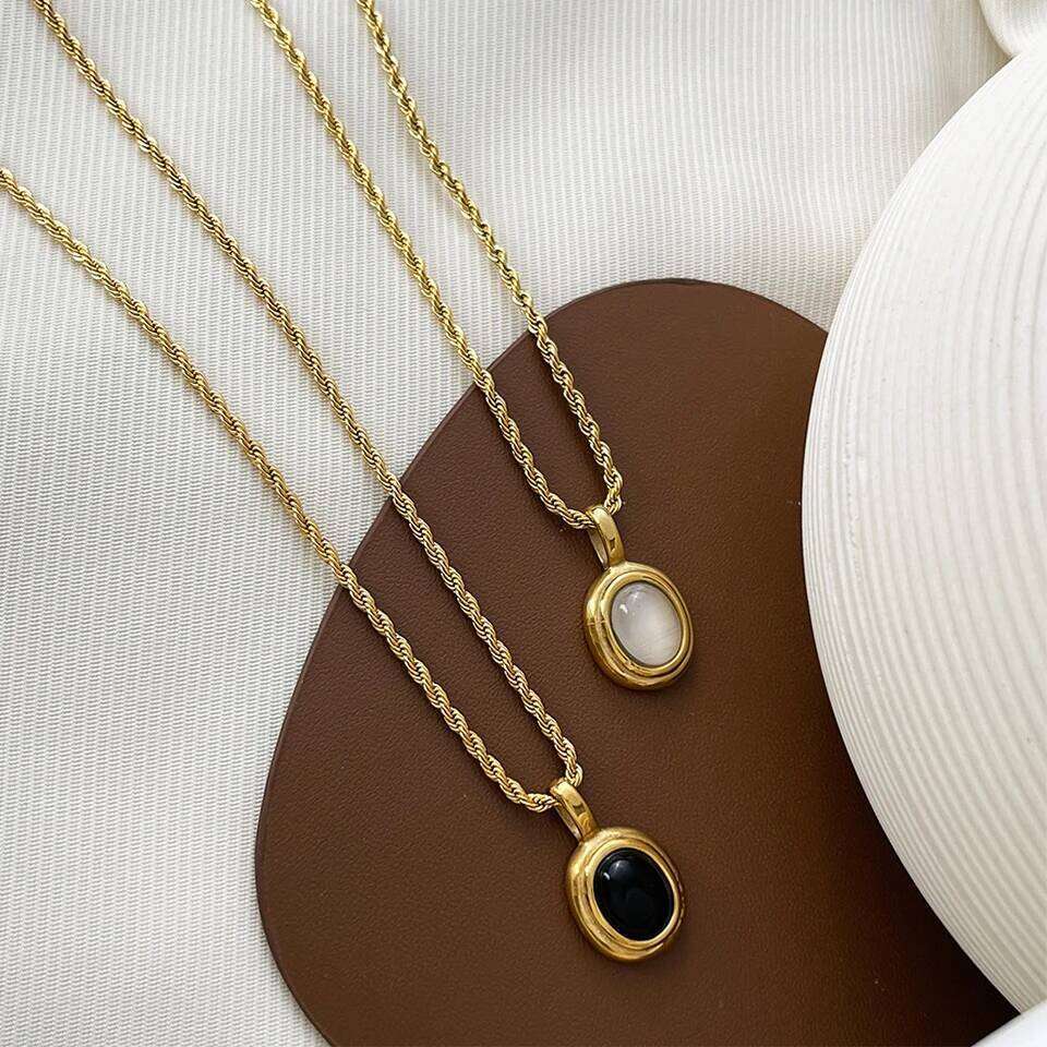 ZAKOL 316L Stainless Steel Oval Black White Stone Pendant Necklace For Women Gold Color Twist Rope Chain Stacking Jewelry
