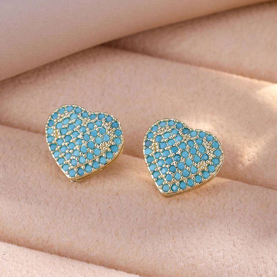 ZAKOL New Arrival Blue Turquoise Heart-shaped Stud Earrings for Women Creative Shiny Stone Ear Accessories Party Gift