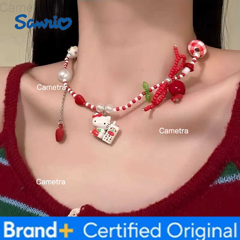 Sanrio Strawberry Kitty Beaded Necklace Kawaii Dopamine Cartoon Cat Pendant Choker Cute Colorful Jewelry for Women H251229