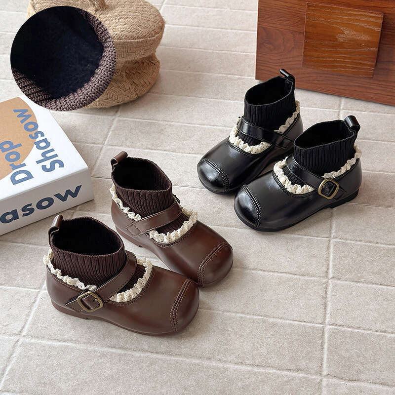 INS Retro Stretch Sock 2025 Autumn Winter New Korean Style Girls' Lace Fly Knit Fleece-Lined Round-Toe Small Leather Boots