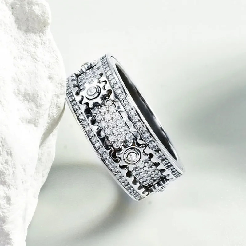 S925 Sterling Silver Charms Rings for Women Mechanical Gear-shaped Inlaid Micro Zircon Rotating Good Luck Jewelry Accessory 251224