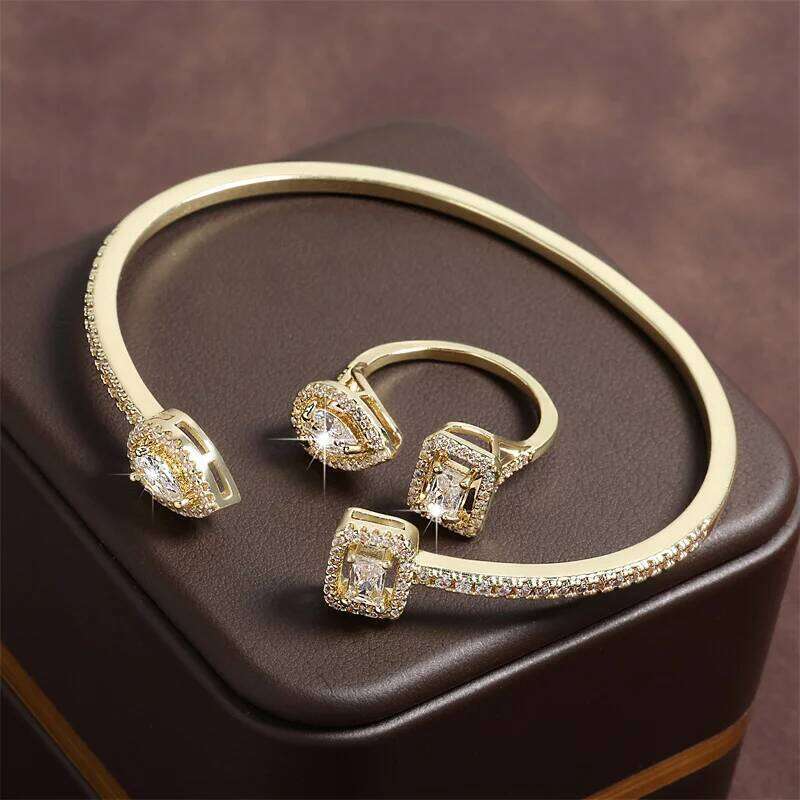 ZAKOL Brand Classic Water Drop AAA Zircon Open Bracelet Ring for Women Luxury Gold Color 2 Pcs Wedding Jewelry Sets