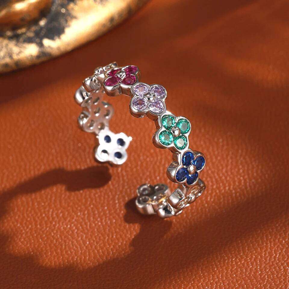 ZAKOL Colorful Zircon Five-leaf Flower Clover Adjustable Open Rings for Women Exquisite 18K Gold Birthday Jewelry Gifts