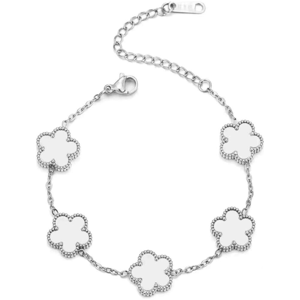 Luxury Woman Silver Plated Five Leaf Flower Adjustable Bracelet Plum Blossom Plant Stainless Steel Jewelry Clover 25H1229