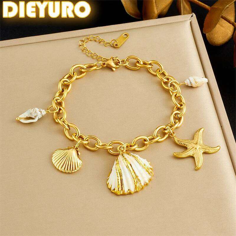 DIEYURO 316L Stainless Steel Golden Shell Starfish Scallop Conch Pendant Bracelet For Women New Waterproof Wrist Chain Jewelry 25H1229