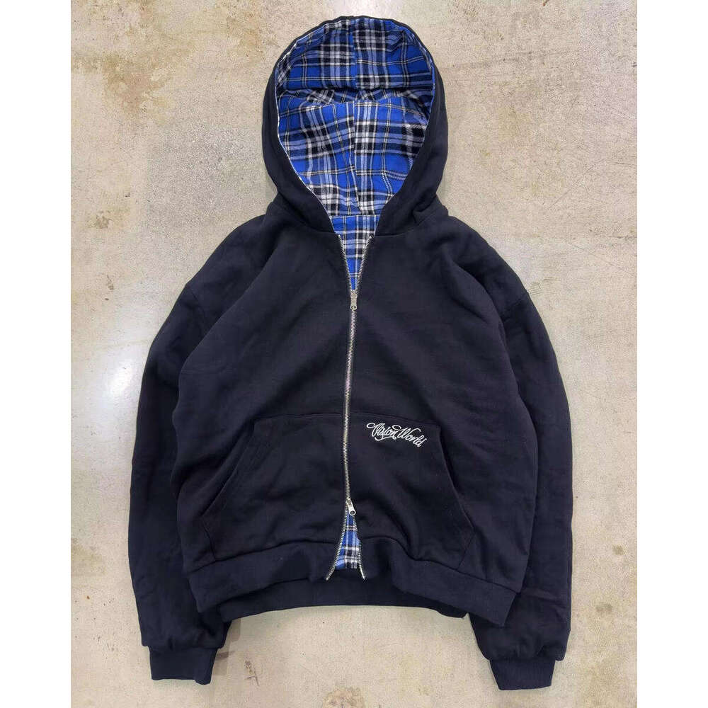 2026 New Double-Sided Blue Plaid Hoodie Men Women Embroidered Loose Zipper Hooded Jacket Y2K Streetwear Casual Couple Sweatshirt