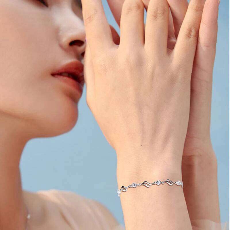 NEW European Fine Sparkling Blue AAA CZ S925 Sterling Silver Wave Bracelet For Women Friend Summer Gift Jewelry 25H1229