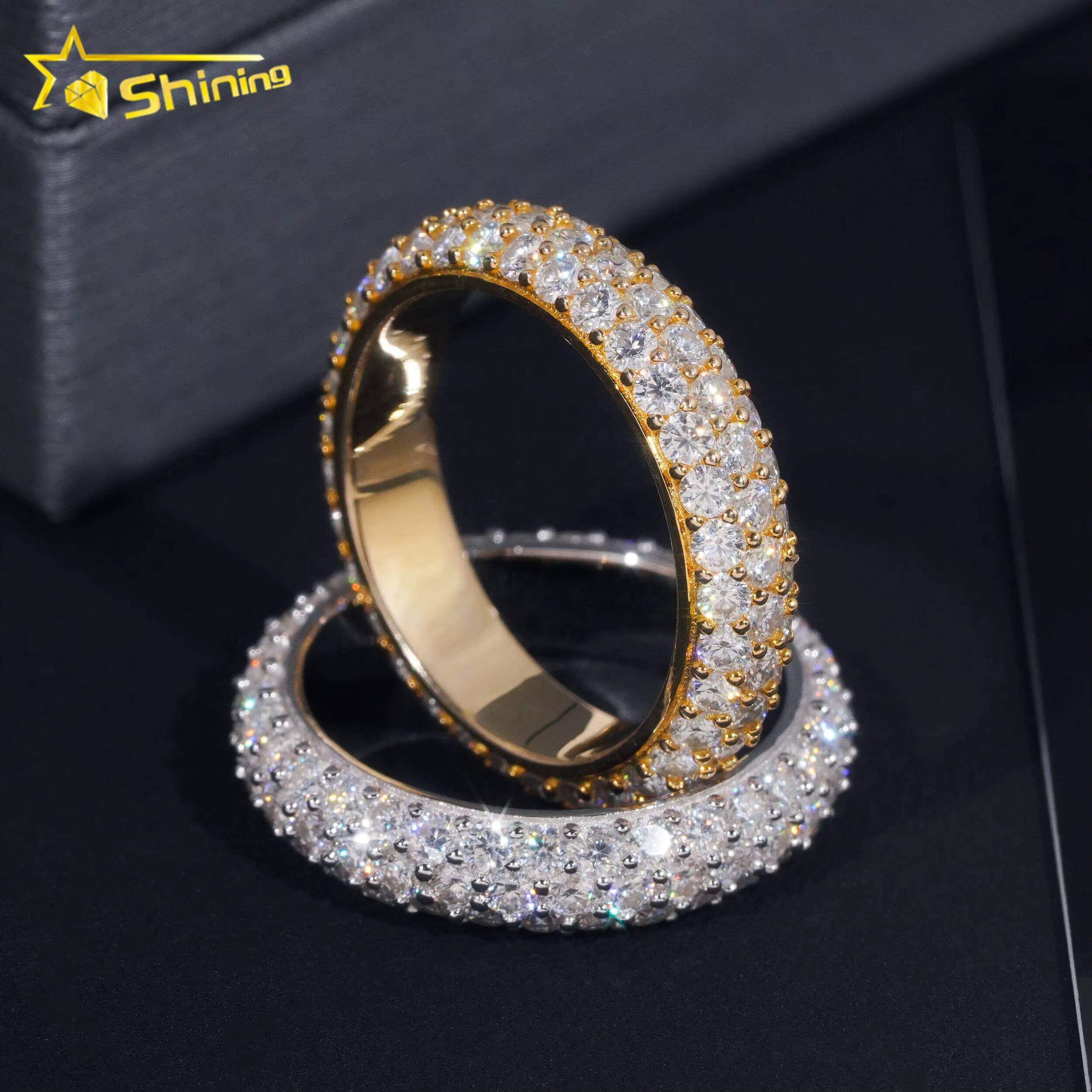 Factory Stock GRA Certified Solid 925 Sterling Silver Gold Plated Fine Jewelry Fully Iced Out 3 Rows Moissanite Band Ring