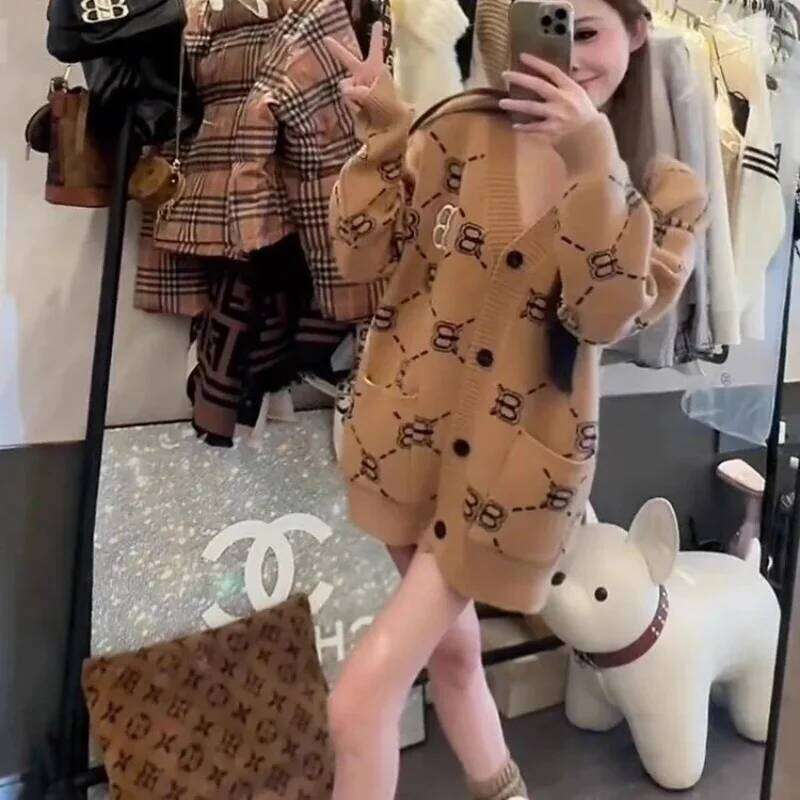 Fashion Letter Embroidery Knitted Cardigan Autumn Casual Printed Sweater Jacket Women V-Neck Single Breasted Wool Coat 616A