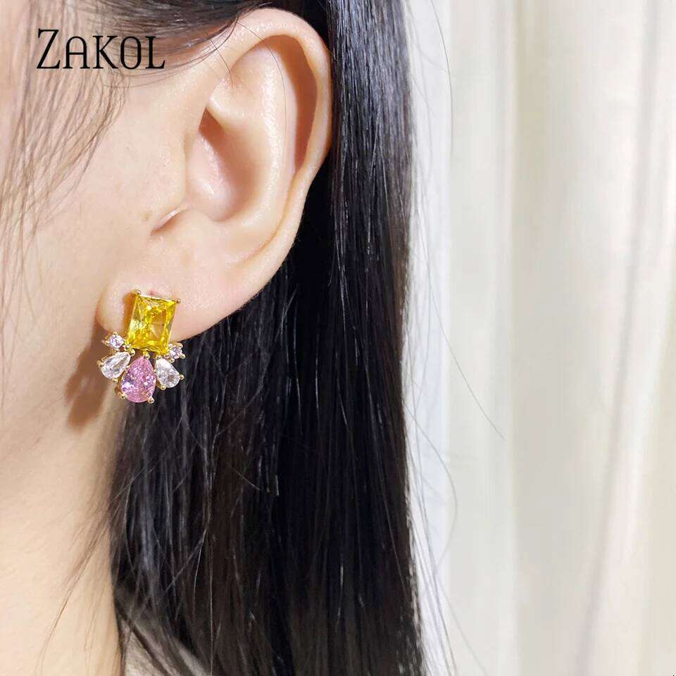 ZAKOL Fashion Colorful CZ Flower Stud Earrings for Women Square Cubic Zirconia Girls Ear Wedding Party Jewelry