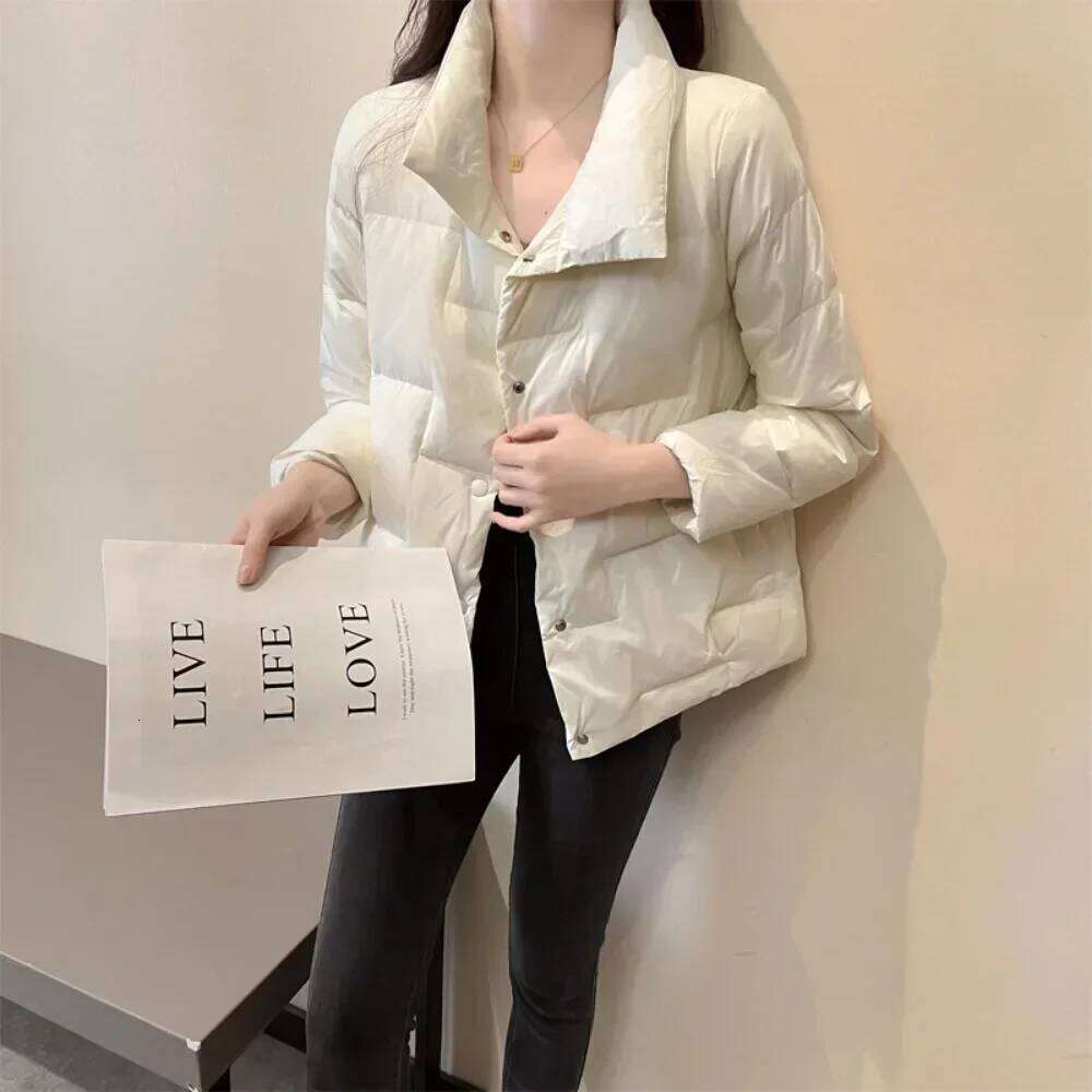 Autumn Winter For Women 2026 Solid Stand Collar Plaid Ultralight White Duck Down Coat Keep Warm Puffer Jacket Female