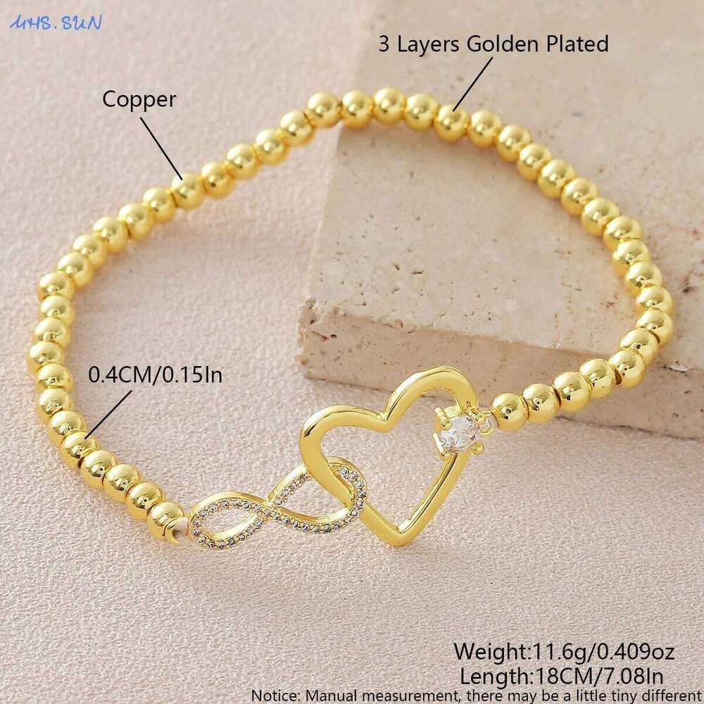 MHS.SUN Cubic Zircon Heart Charm Bracelets For Women Girls Gold Plated 4MM Beads Bracelet Engagement Party Jewelry Gifts 25H1229