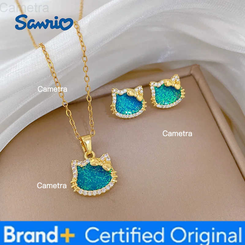 Sanrio Dreamy Blue Zircon Hello Kitty Pendant Necklace Stud Earrings for Women Girl Cute Charm Stainless Steel Chain Jewelry Set H251229