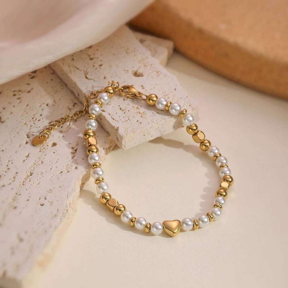 NEWBUY 2025 Trendy Gold Color Non-Fading Stainless Steel Beads Pearl Heart Bracelet For Women Daily Jewelry Accessories 25H1229