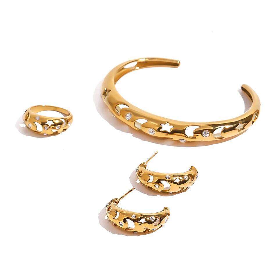 ZAKOL New Stainless Steel Hollow Star Moon Bracelet&Ring&Earrings Set for Women 18K Gold Plated Non-fading Jewelry Gift