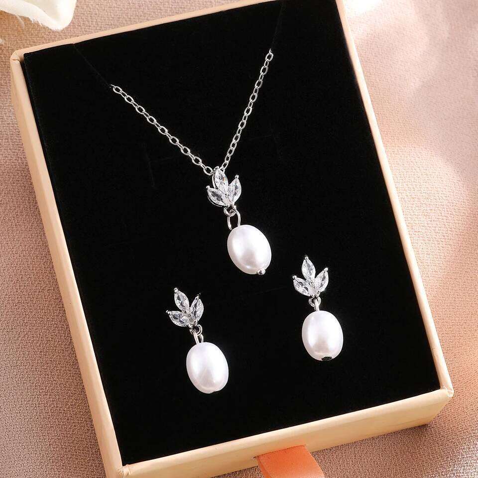 ZAKOL Elegant Shiny Zircon Imitation Pearl Pendant Earring Necklace Set for Women Luxury Party Jewelry Gifts