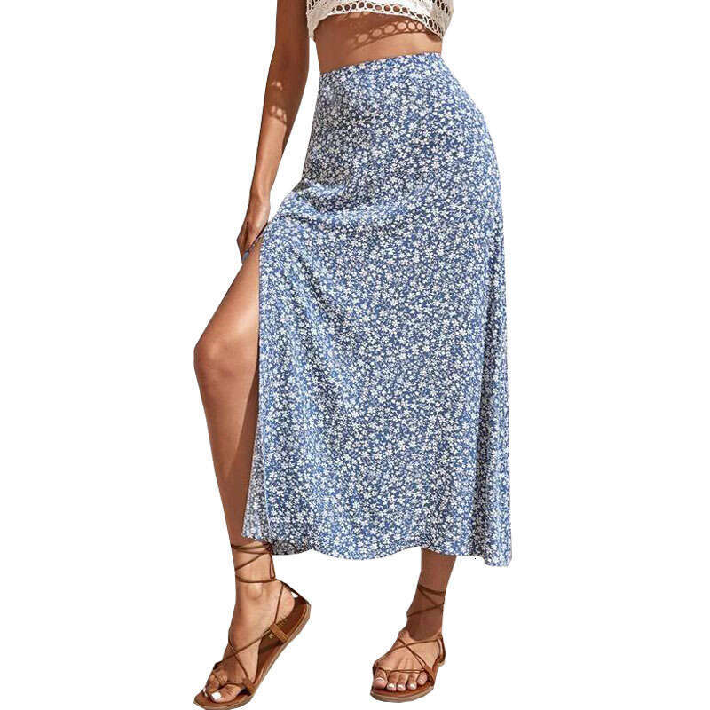 Women's New Floral Print Half A-Line Bodycon Long Skirt Summer Green Blue elegant chiffon maxi skirt for party