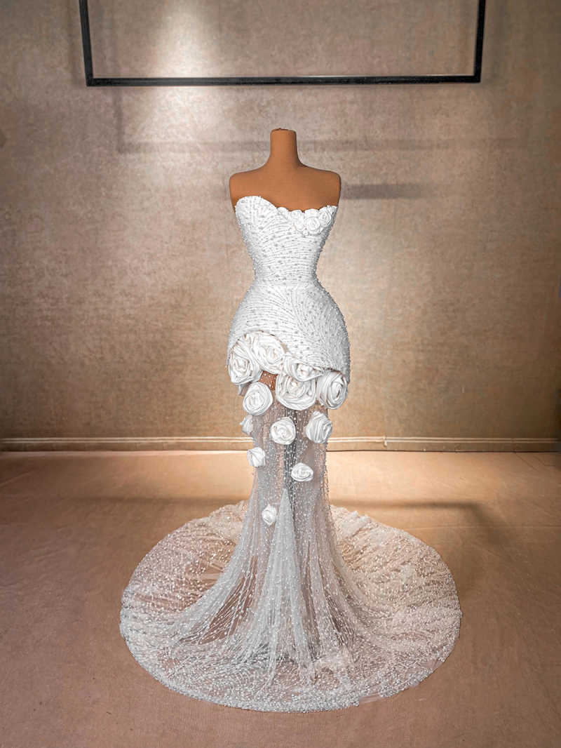 Exquisite Mermaid Wedding Dress Handmade Flowers Strapless Bridal Gowns Pearls Sequins Custom Made Bride Vestido de novia