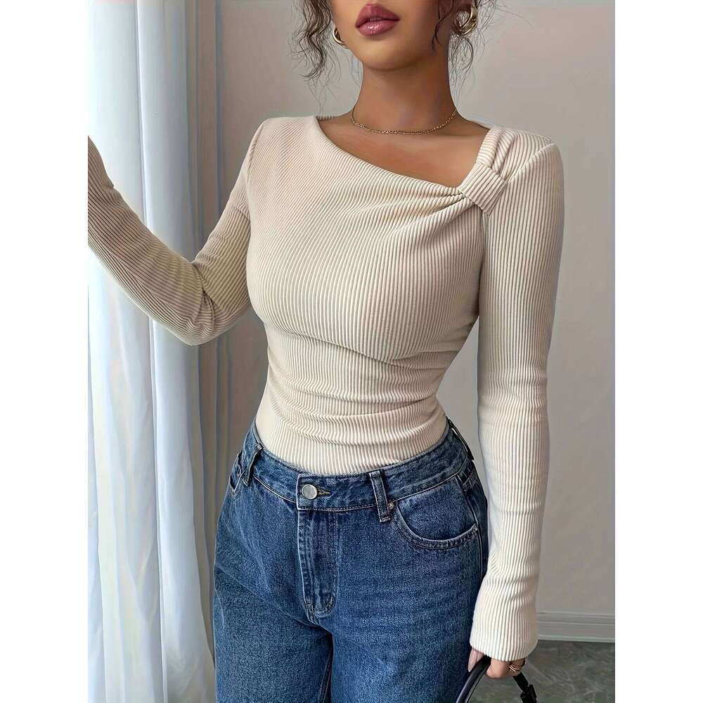 Directed Women's Autumn Winter Knitted Solid Color Asymmetrical Neck Long Sleeve Pleated Slim Fit Elegant T-Shirt ZHE HAN