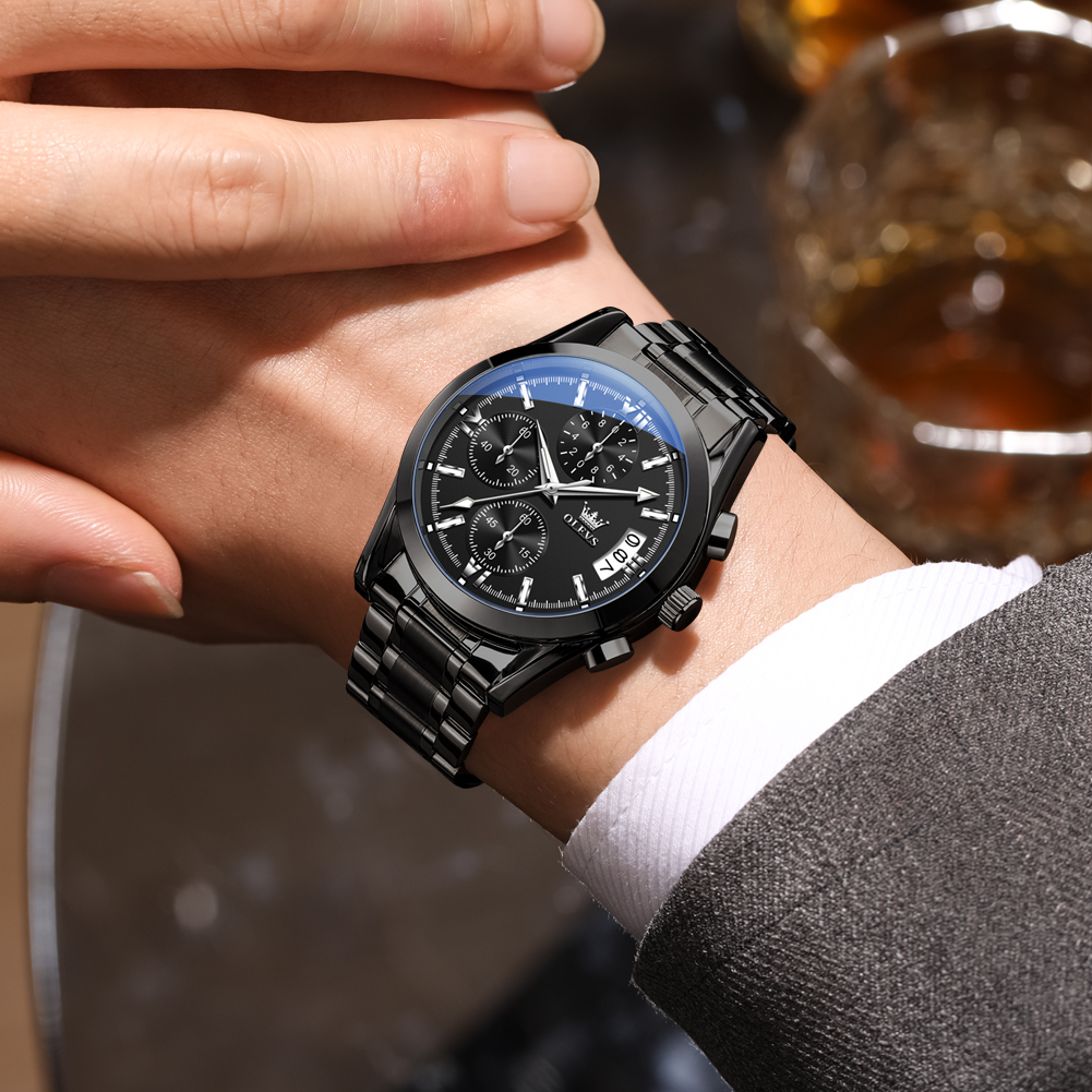 OLEVS Multi functional large dial quartz watch, business waterproof watch three eye calendar designer chronograph watch