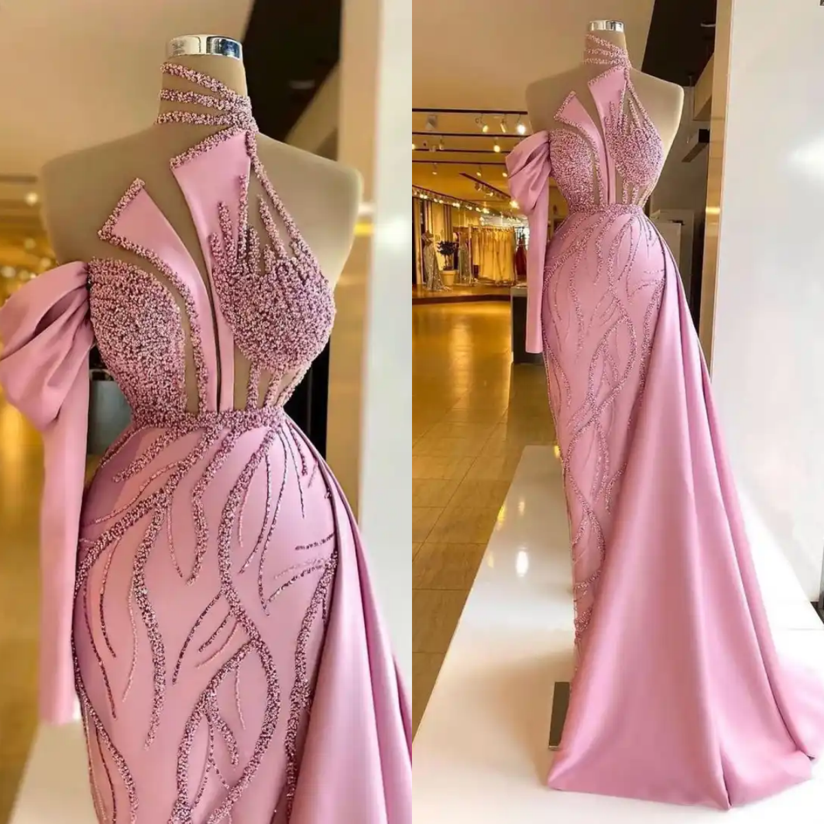 Stunning Beaded Evening Dresses High Neck One Shoulder Mermaid Prom Gowns Floor Length Formal Party Customized