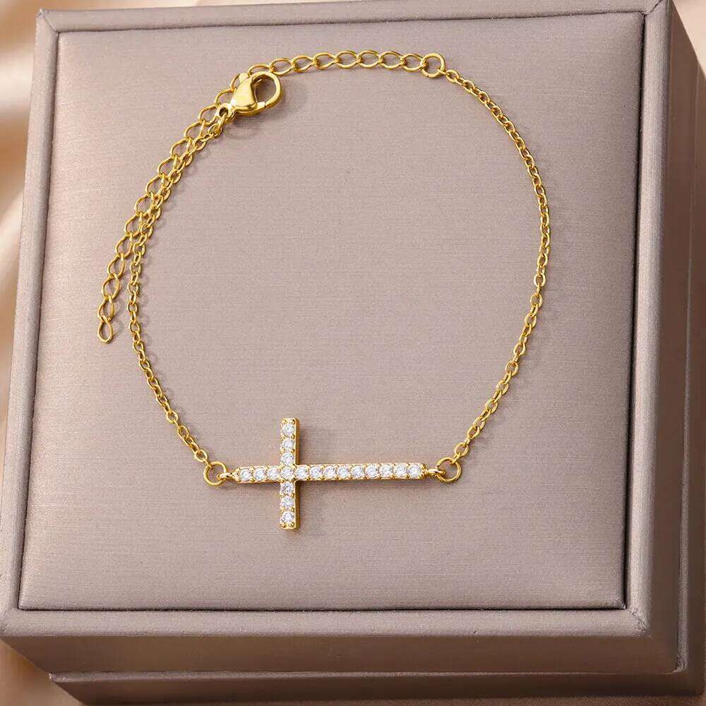 Crystal Bracelets For Women Fashion Gold Plated Stainless Steel Cross Bracelet Vintage Religion Aesthetic Jewelry Gift 25H1229