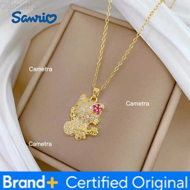Sanrio Stainless Steel Chain Hello Kitty Playing The Guitar Pendant Necklace for Women Teen Girls Cute Zircon Jewelry Gifts H251229