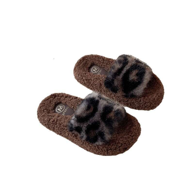 INS Children's Furry 2025 Autumn Winter New Girls Leopard Print Thick Sole Cotton Outdoor Wear One-Word Slippers