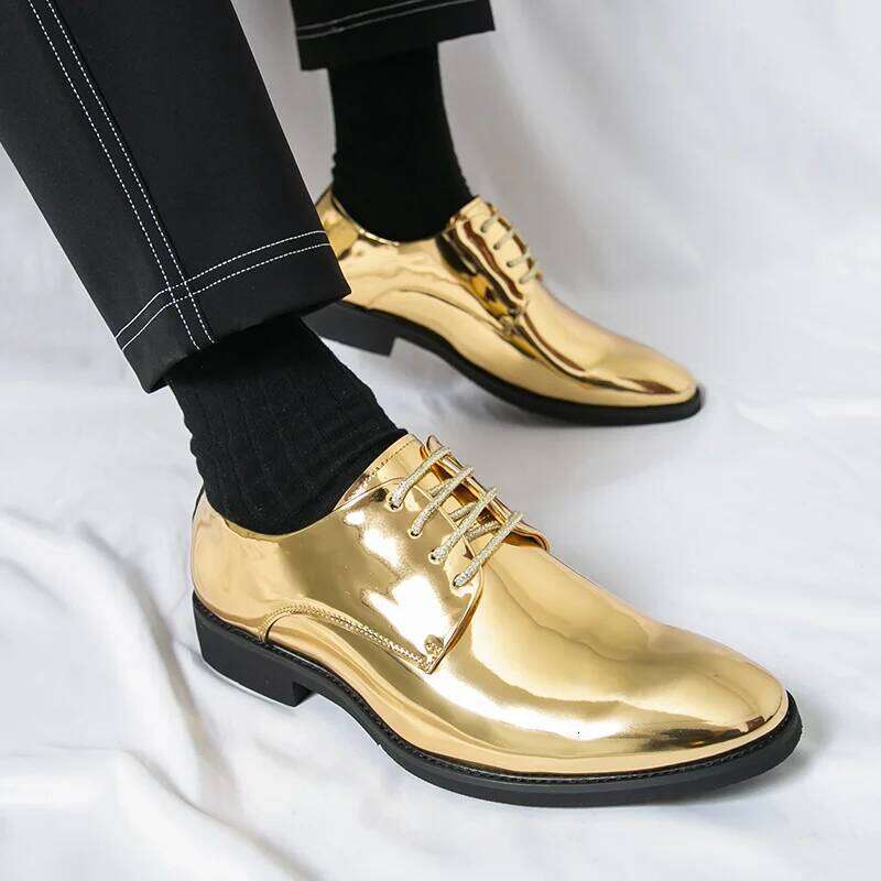 Fashion Golden Leather For Men Large Size 49 50 Shiny Party Male Pointed Bussiness Man Formal Shoes chaussures homme LEEGO LENS