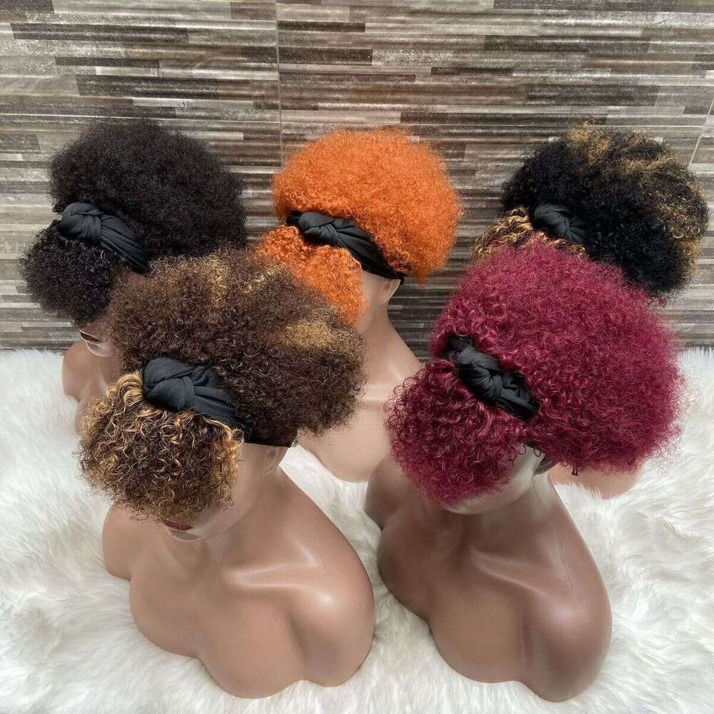 New African Ice Silk Hairband Colorful Fluffy Small Curl Afro Real Human Hair Wig Aimeier