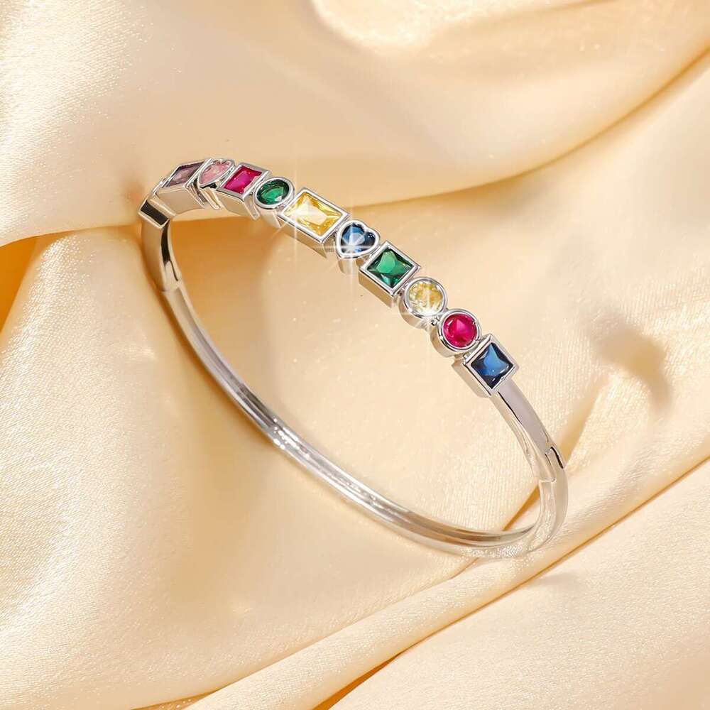 Vintage Personality Simple Versatile Elegant Hand Jewelry Japanese and Korean Style Micro Inlaid Colorful Zircon Bracelet Heart Geometric Bangle