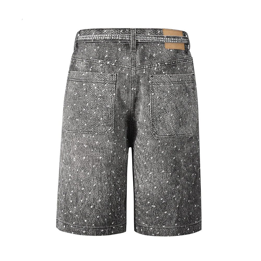 Ro Style Full Rhinestone Ribbons Baggy Jeans Shorts for Men Pockets Wide Leg Blue Black Loose Five Point Denim Pants 251223