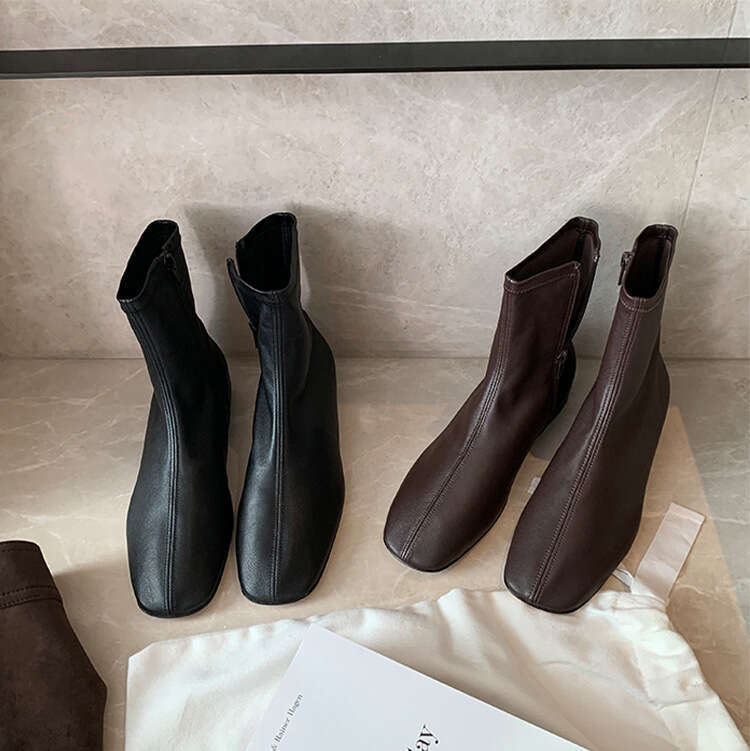 Internet Celebrity Style Autumn Winter Height Increasing Elastic Slim Short Women Side Zipper Comfortable Soft Leather Flat Martin Boots