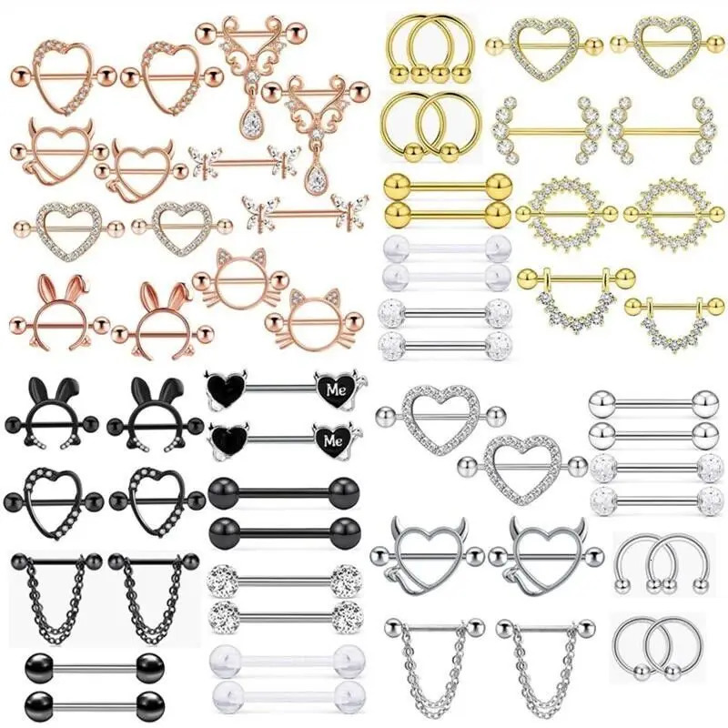 Fashion Stainless Steel Heart Nipple Piercing Set Jewelry Flower Nipple Barbell Pack Crystal Nipple Ring Lot Sexy Body Piercing 251224