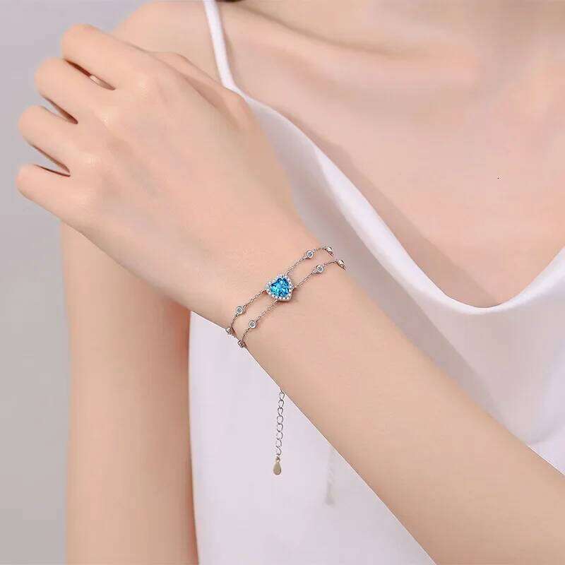 18K gold inlaid diamond handmade moissanite heart wrapped bracelet, sapphire colored stone, sweet and lovely style f54