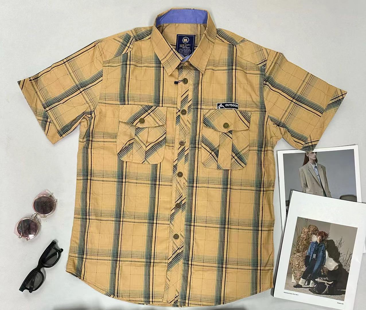 Men's Plaid Short-Sleeve Shirt - 100% Cotton, Multi-Color Options, Button-Front Design with Chest Pockets, Casual Outdoor Style for Daily Wear - 