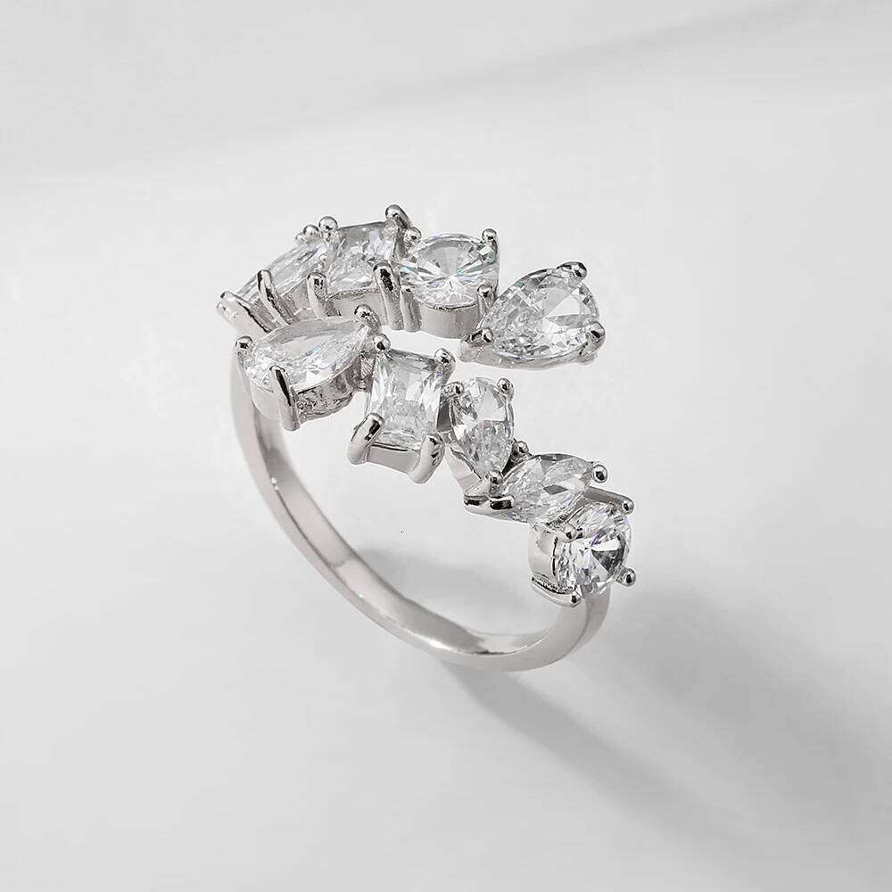 Classic Fashion 3 Layers Irregular Zirconia Open Rings for Women Silver Color Ring Rectangle Shinny Wedding Jewelry