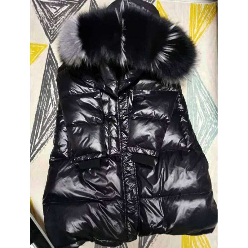2026 Women Winter Black Loose Long Down Jacket Real Fox Fur Collar Hooded Fashion Waterproof Female Extra Large Coat