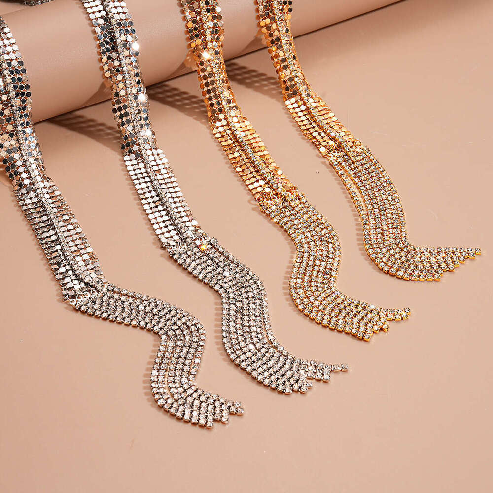 Exaggerated Metallic Rhinestone Long Tassel Necklace Waist Chain Light Luxury High-end Cross-border Niche Personality Jewelry