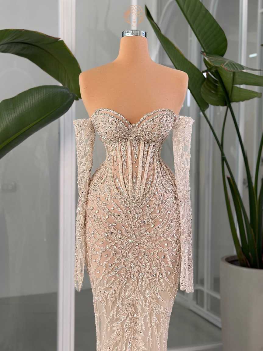 Charming Mermaid Evening Dress Strapless Sequins Crystal Prom Gowns Sheath Beaded Lace Floor Length Party Dresses Customized