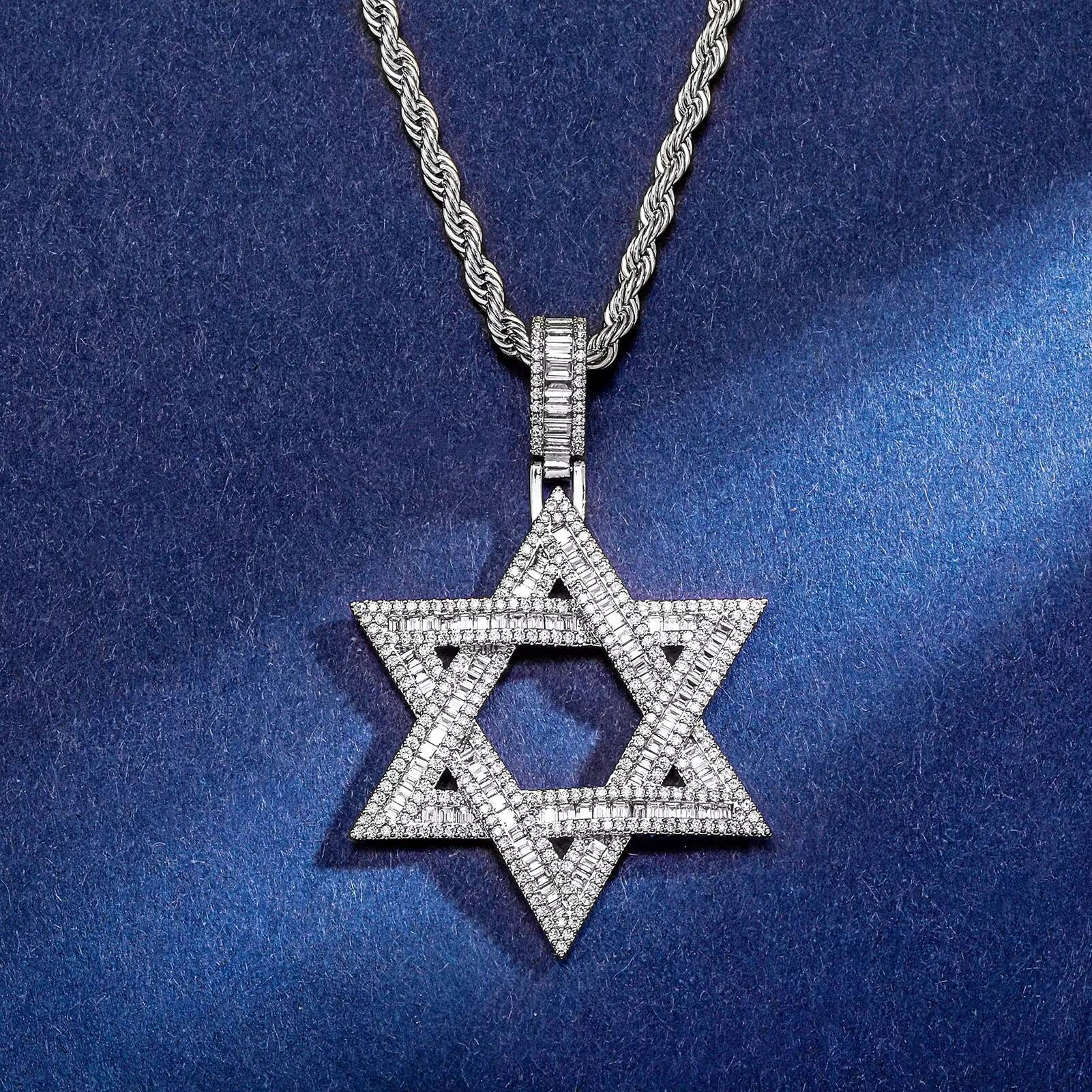 Luxury Exquisite Inlaid Baguette MoissaniteVVS Star of David Pendant Necklaces Jewelry Fashion Men Women Trend Rock Party Gifts Jewels